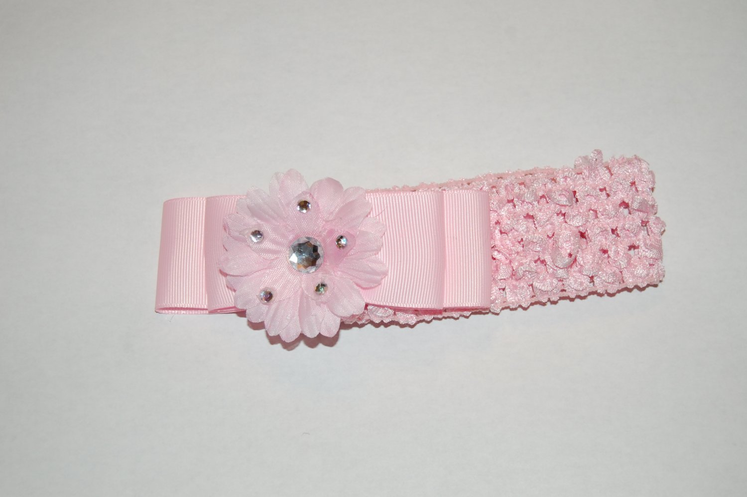 2" Daisy, Jewel Embellished, Ribbon, Crocheted Headband, Pink/Pink