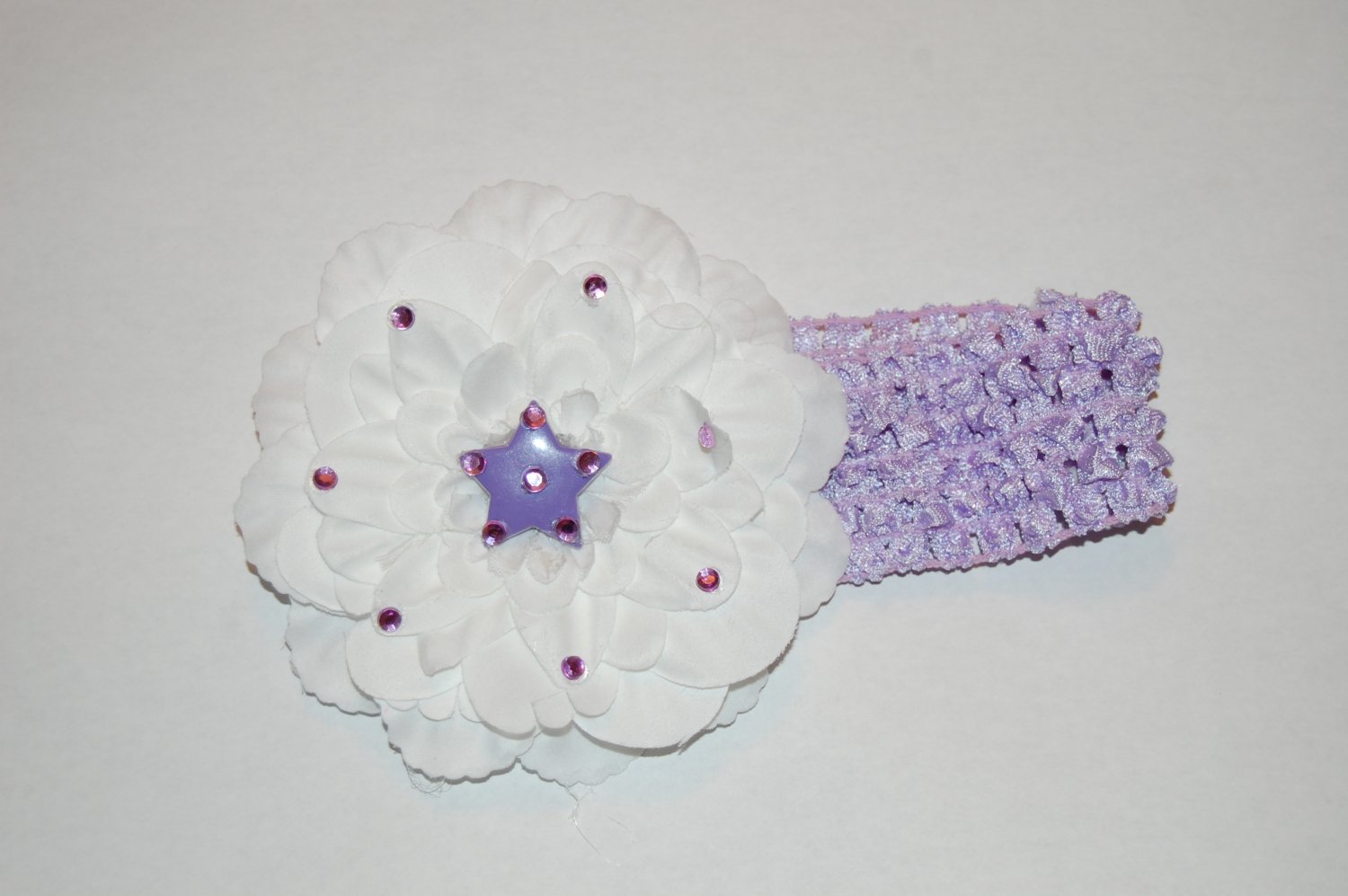 4" Peony, Jewel Embellished with Star, Crocheted Headband, White/Lavender