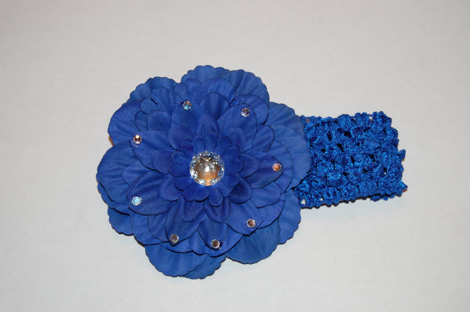 4" Peony ,Jewel Embellished, Crocheted Headband Royal Blue/Royal Blue