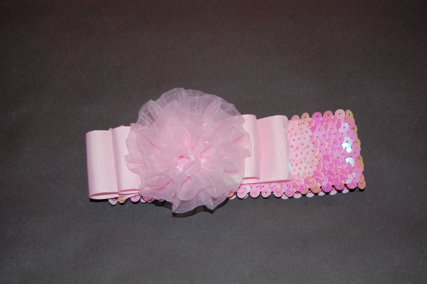 Pink Sequined Headband with Chiffon Rosette & Ribbon