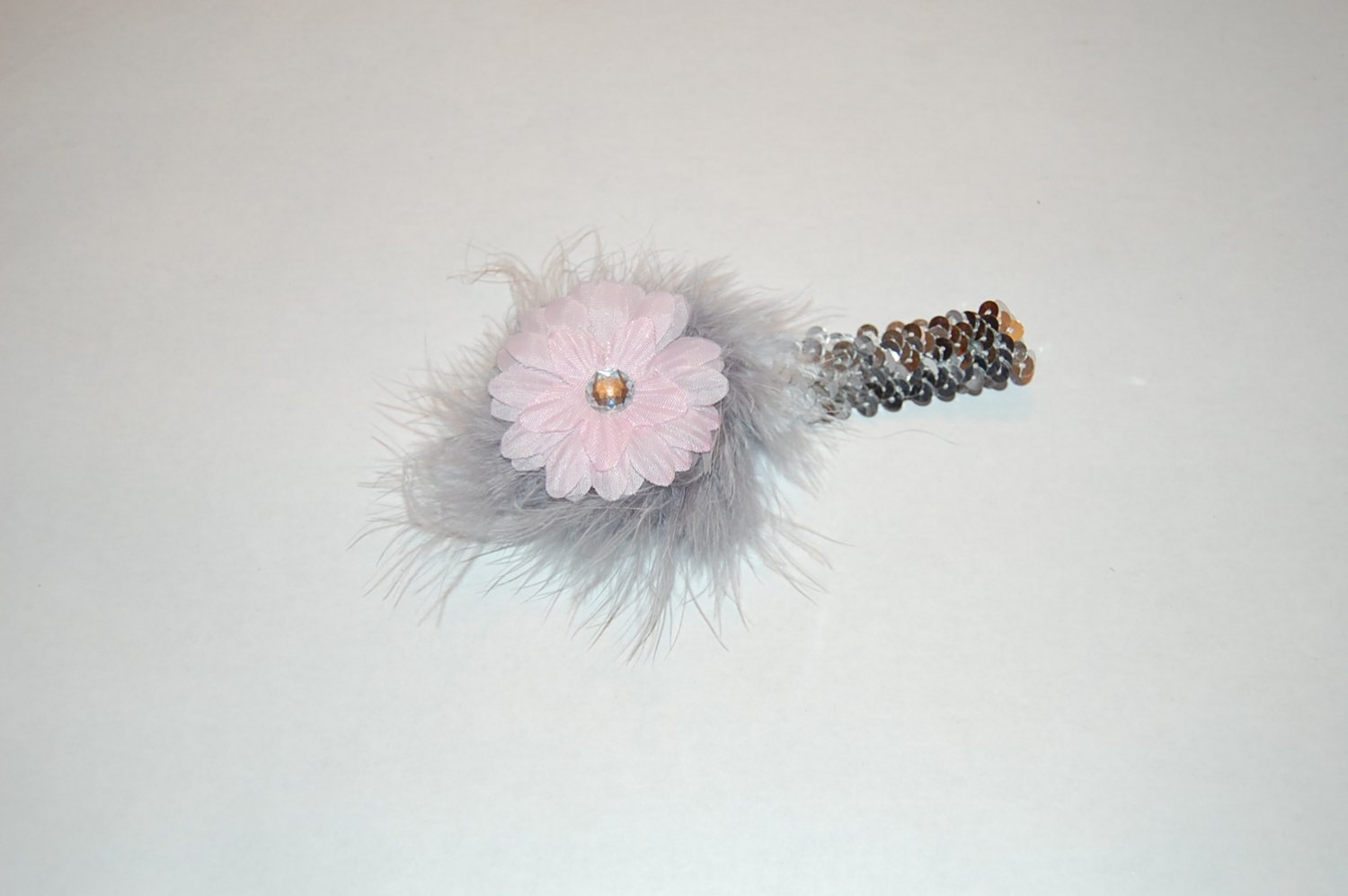 2" Daisy & Marabou, 1" Sequined Headband, Pink/Silver