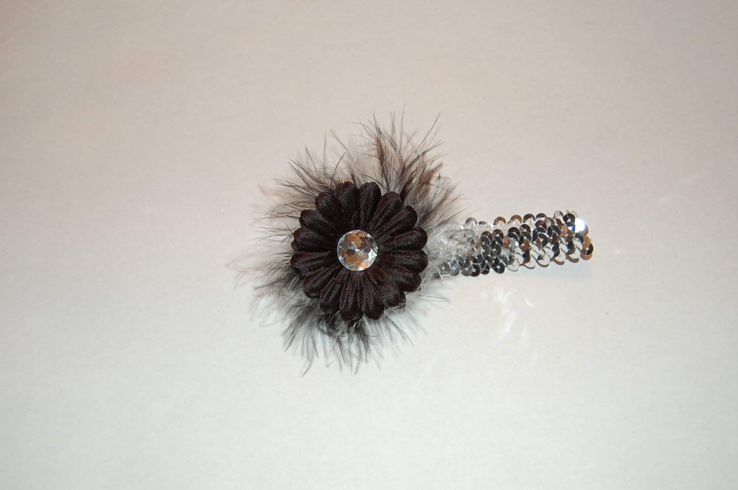 2" Daisy, Marabou, Sequined 1" Headband, Black/Silver