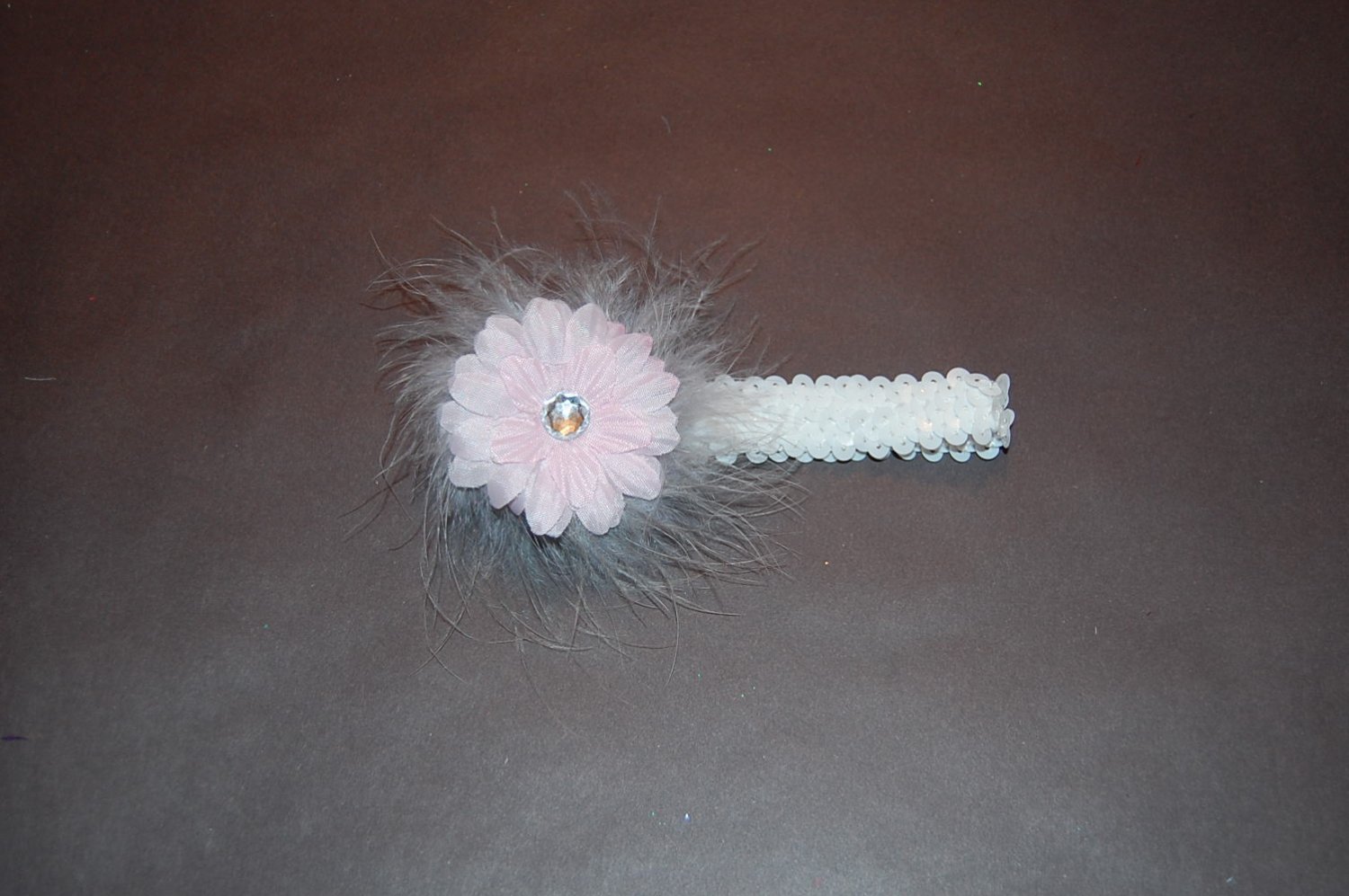 2" Daisy & Marabou,White Sequined 1" Headbands,Pink/Grey/White