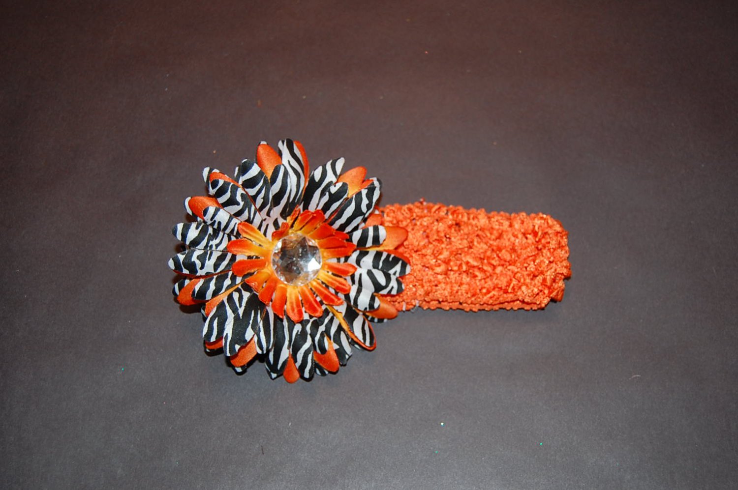 Orange Crocheted Headband with 4" Orange Stacked Zebra Daisy
