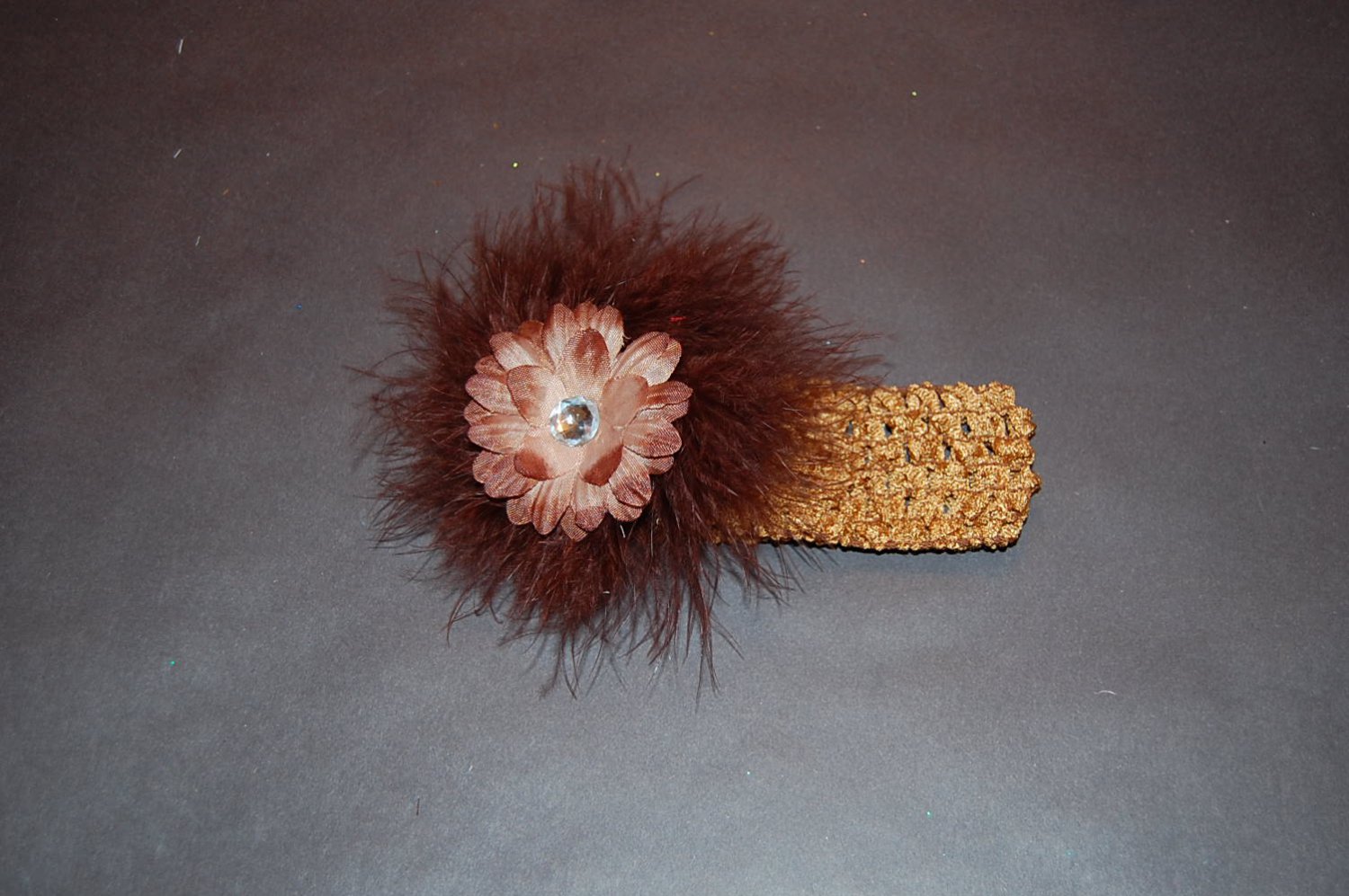 Toffee Crocheted Headband with 2" Brown Daisy & Maribou