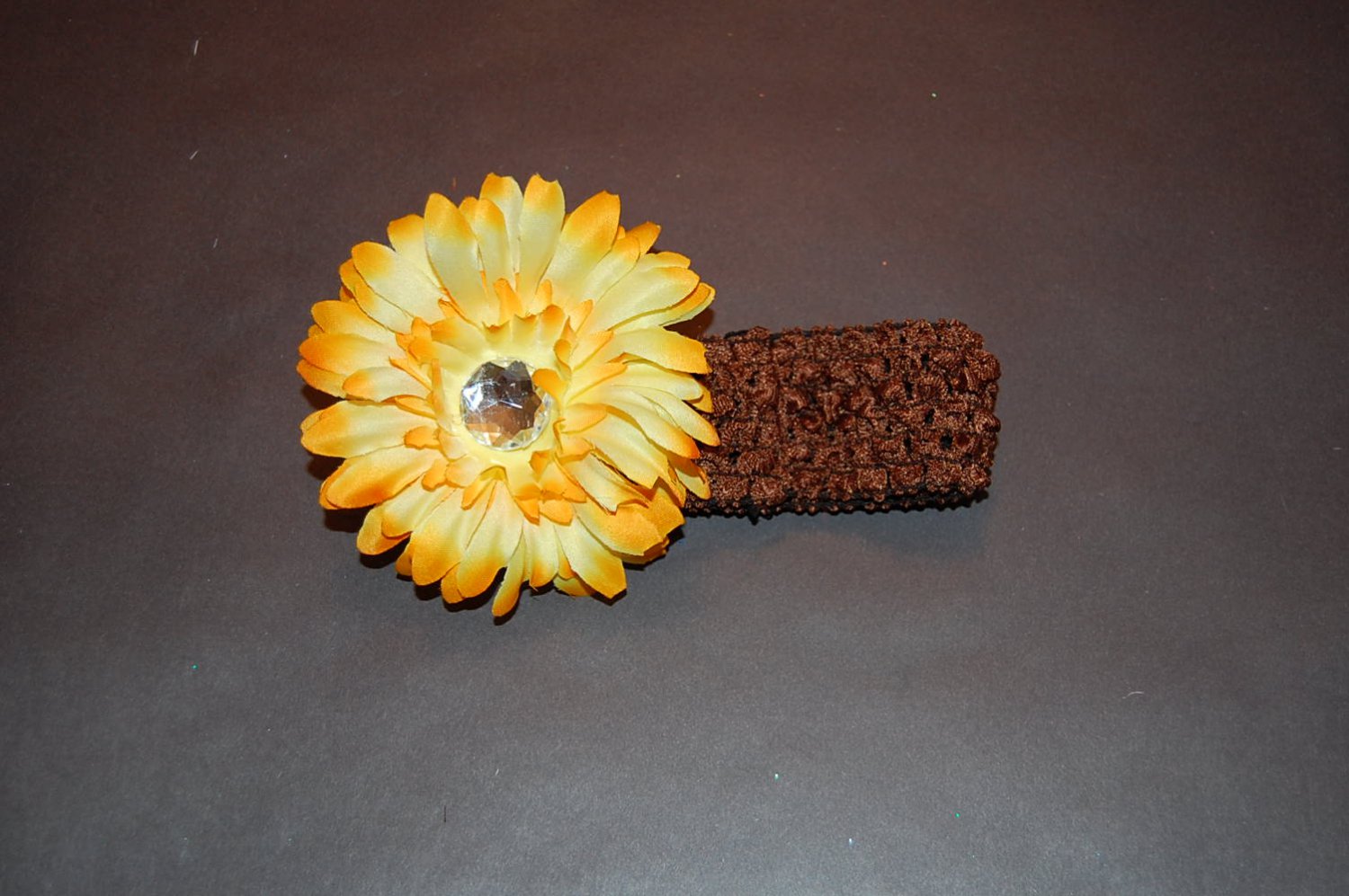 Brown Crocheted Headband with 4" Fluffy Golden Yellow Daisy
