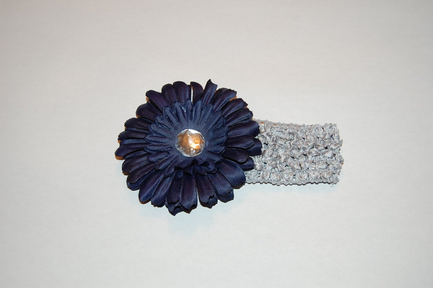 4.5" Daisy, Crocheted Headband -Navy/Silver