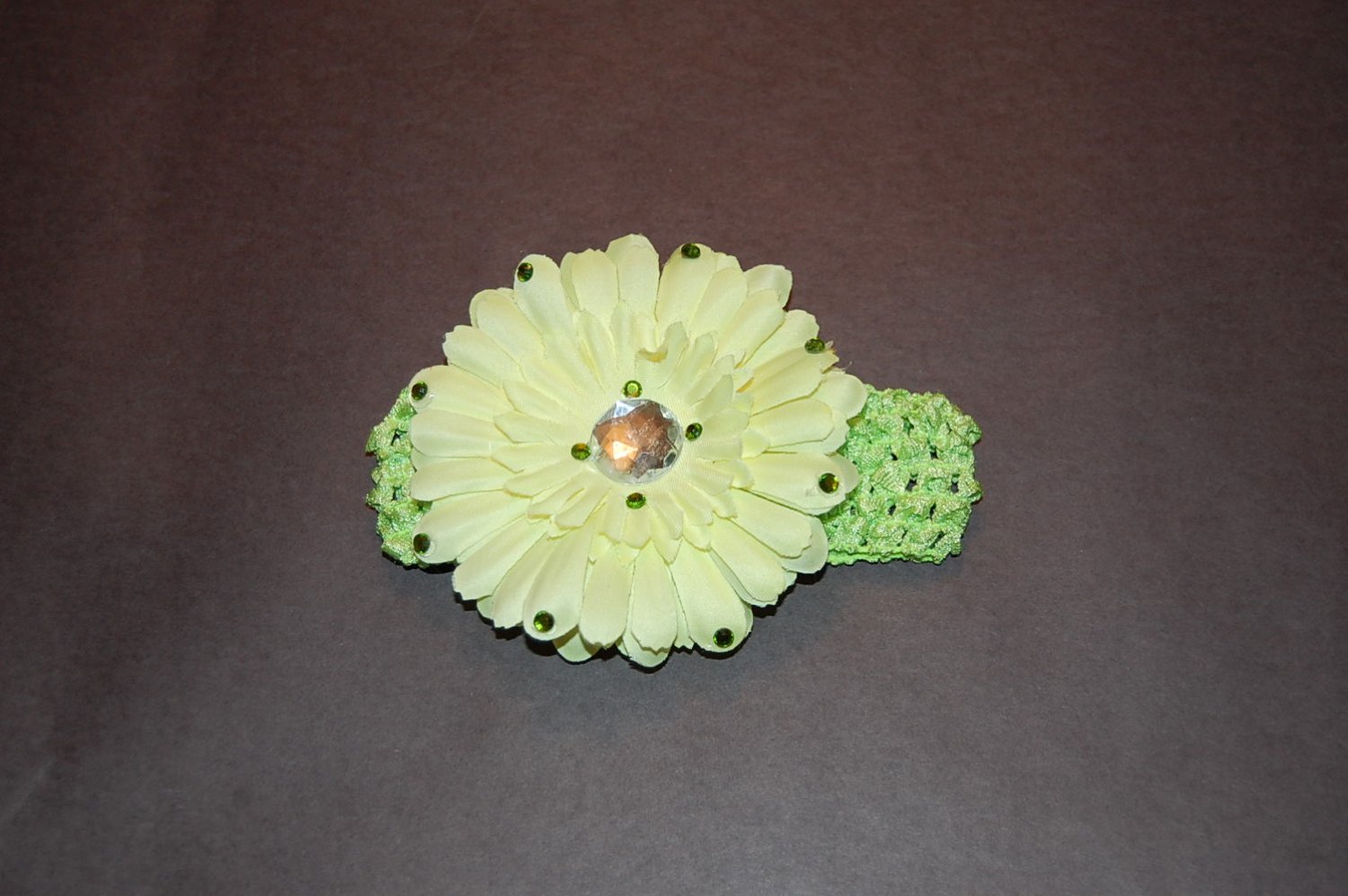 4.5 Daisy Jewel Embellished, Crocheted Headband- yellow/green
