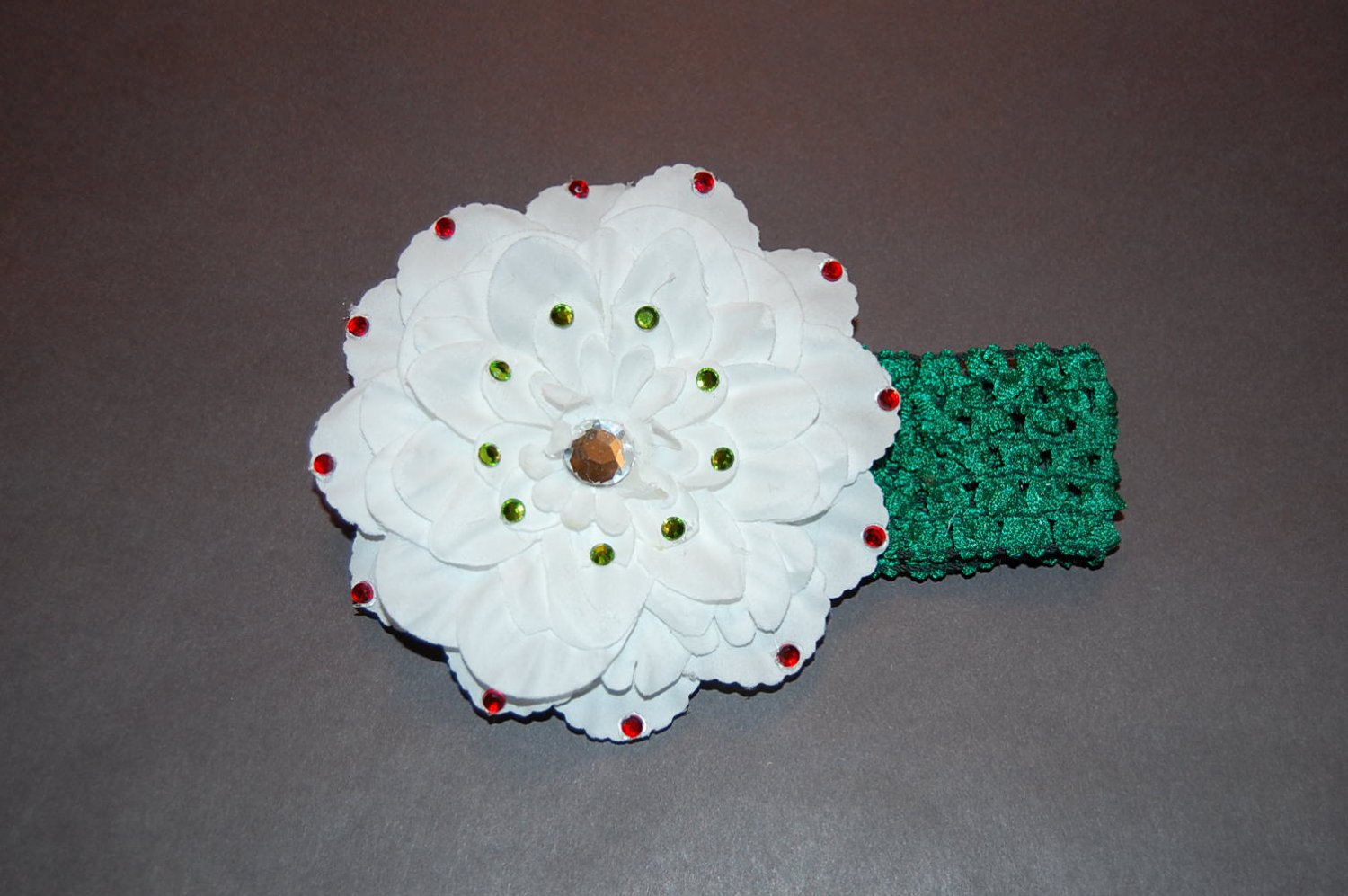 4" Peony with Embellishments on Crocheted Headband-White/ Green