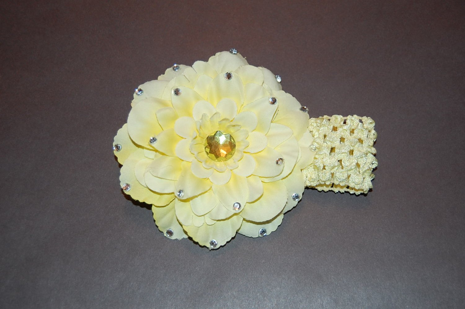 4.5" Peony with Embellishments, Crocheted Headband-Yellow