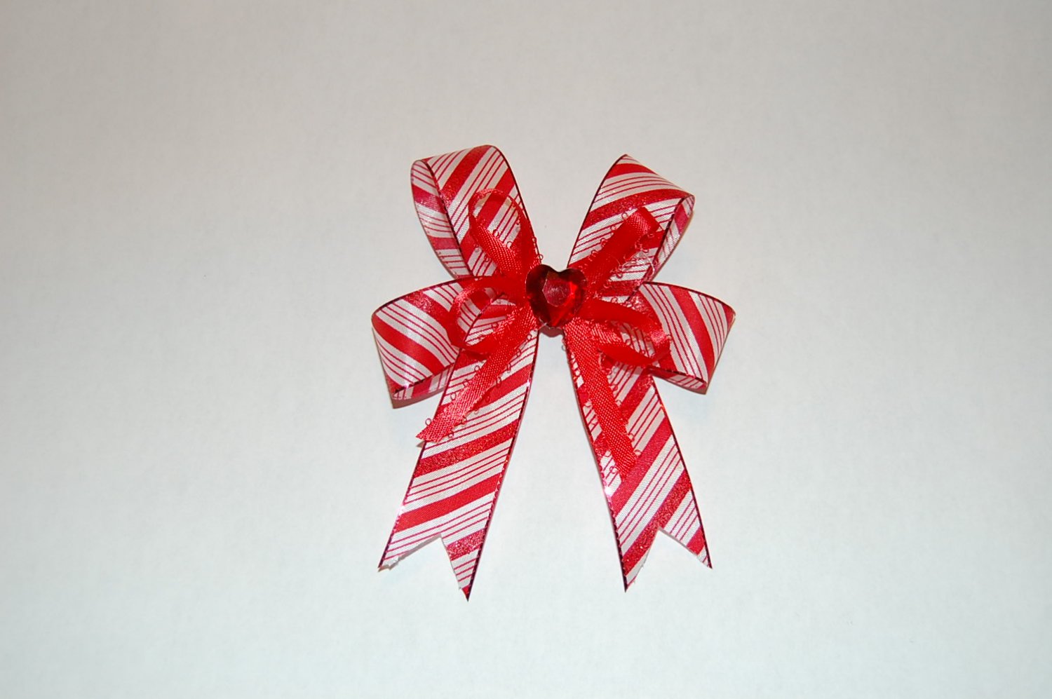 Layered Bow Striped, Red/White, Jewel Center Hair Clip