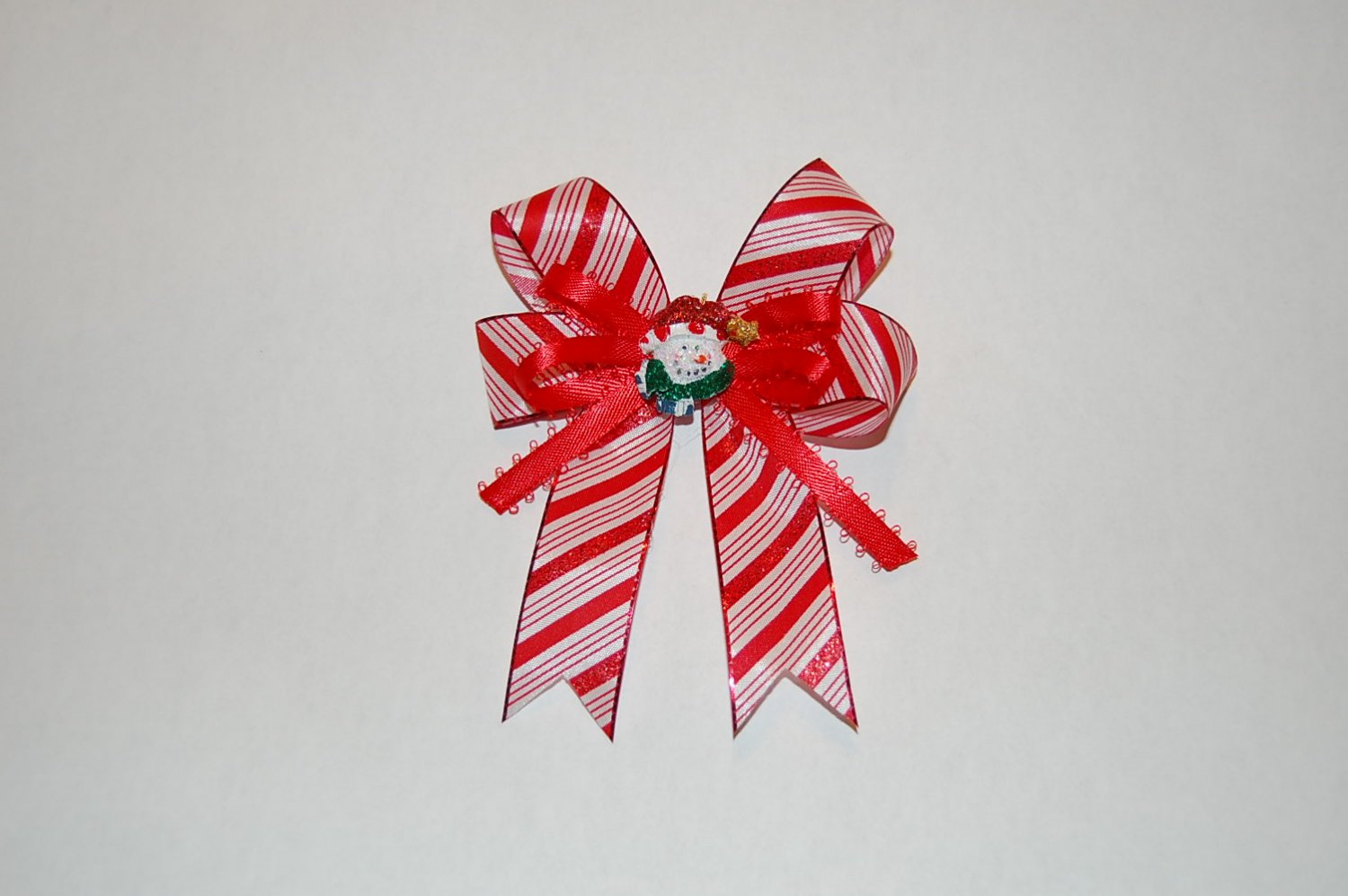 Layered Ribbon Bow,Red/White Striped Hair Clip With Charm Center