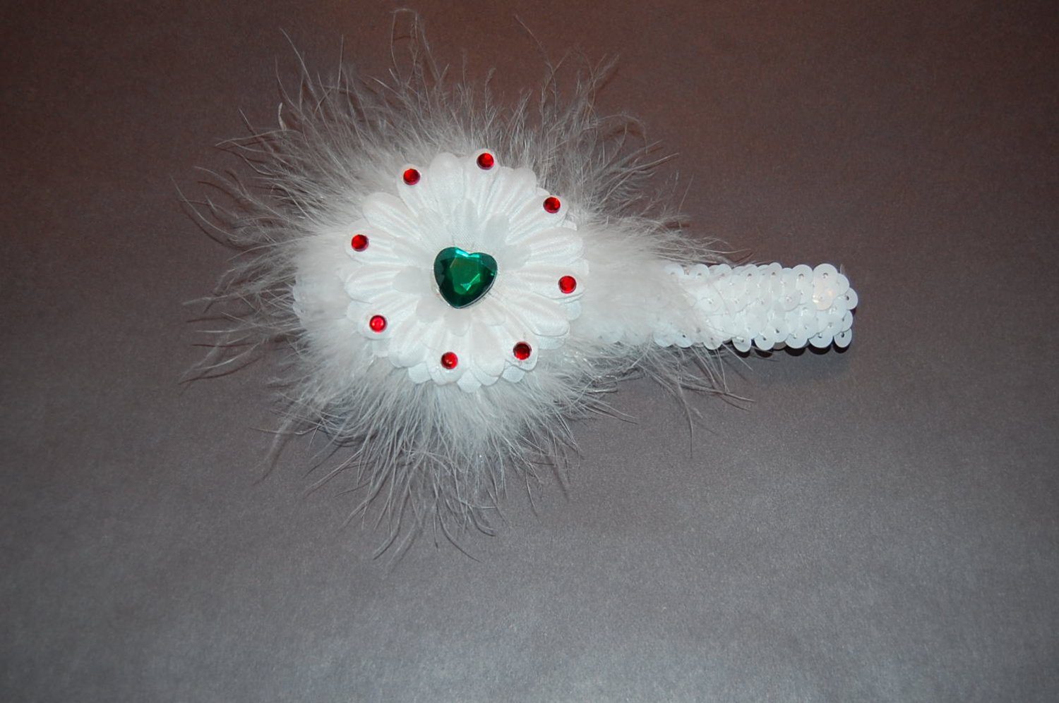 2" Jeweled Embellished Daisy, White Maribou Accent, Sequin Band, White