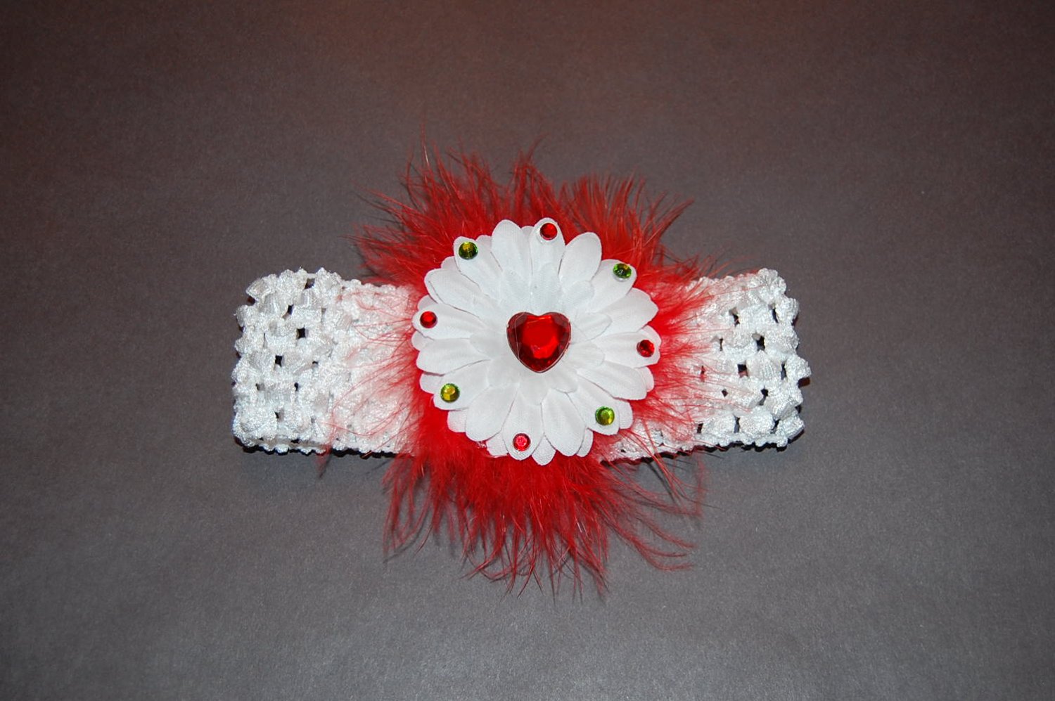 2" Jeweled Embellished Daisy, Red Maribou Accent, Crocheted Band, White