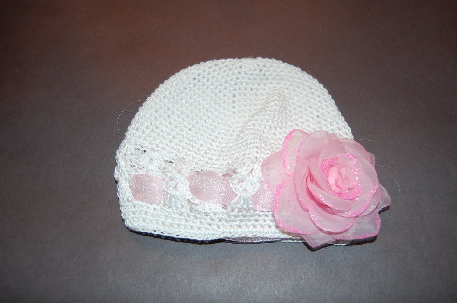 Crocheted Kufi Hat,White, Pink Tulle Ribbon Accent, Pink Glitter Rose . Sizes NB, SM, MED, LGE