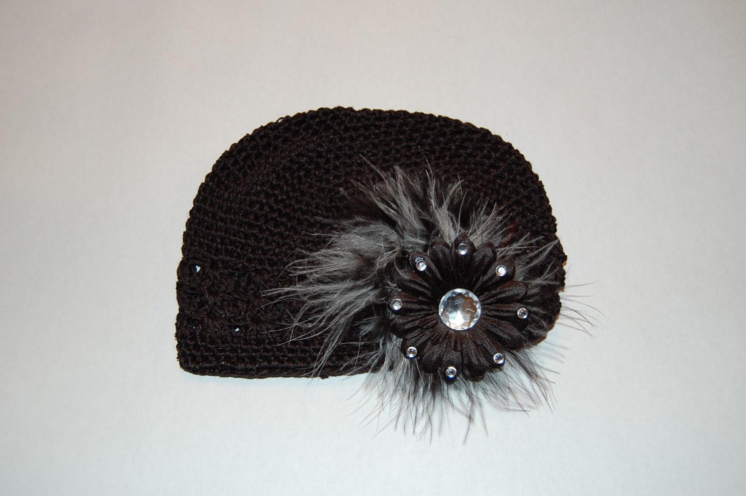 Crocheted Kufi Hat, Black, 2' BlackJeweled Daisy,Ribbon & Maribou Accent. Sizes NB, SM, MED, LGE
