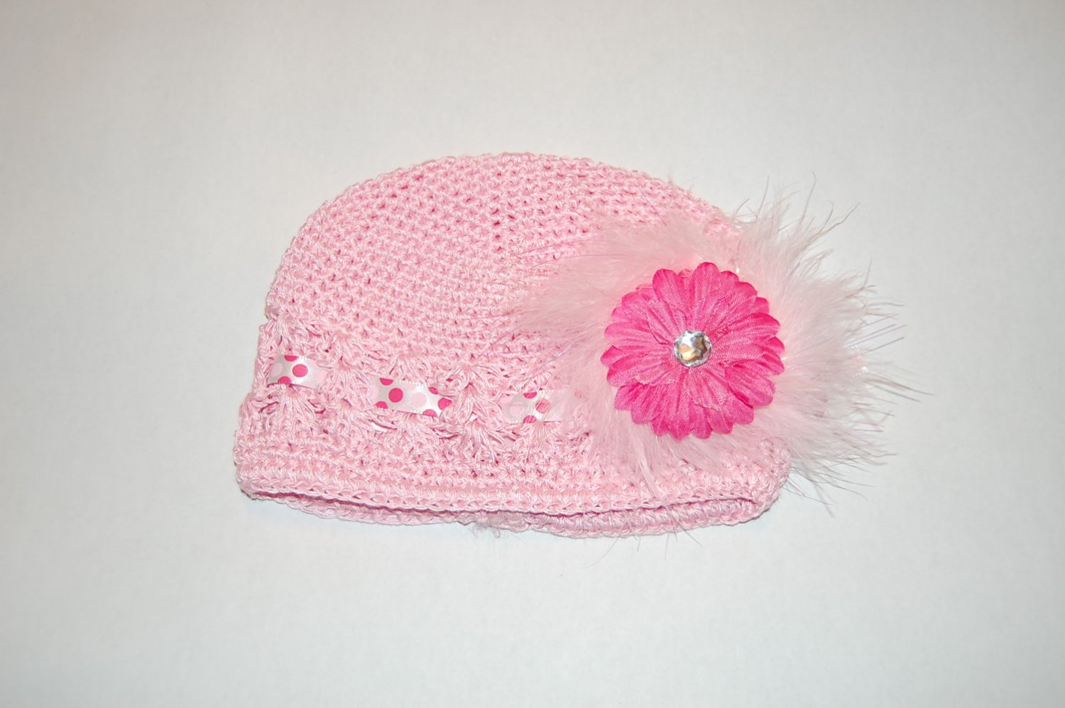 Crocheted Kufi Hat, Pink, 2' Pink Daisy,Ribbon &White Maribou Accent. Sizes NB, SM, MED, LGE