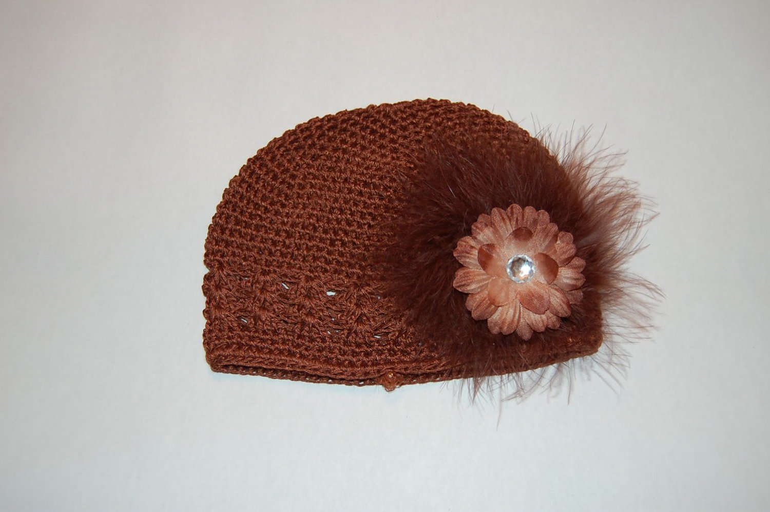 Crocheted Kufi Hat, Brown, 2' Brown Daisy, Maribou Accent. Sizes NB, SM, MED, LGE !