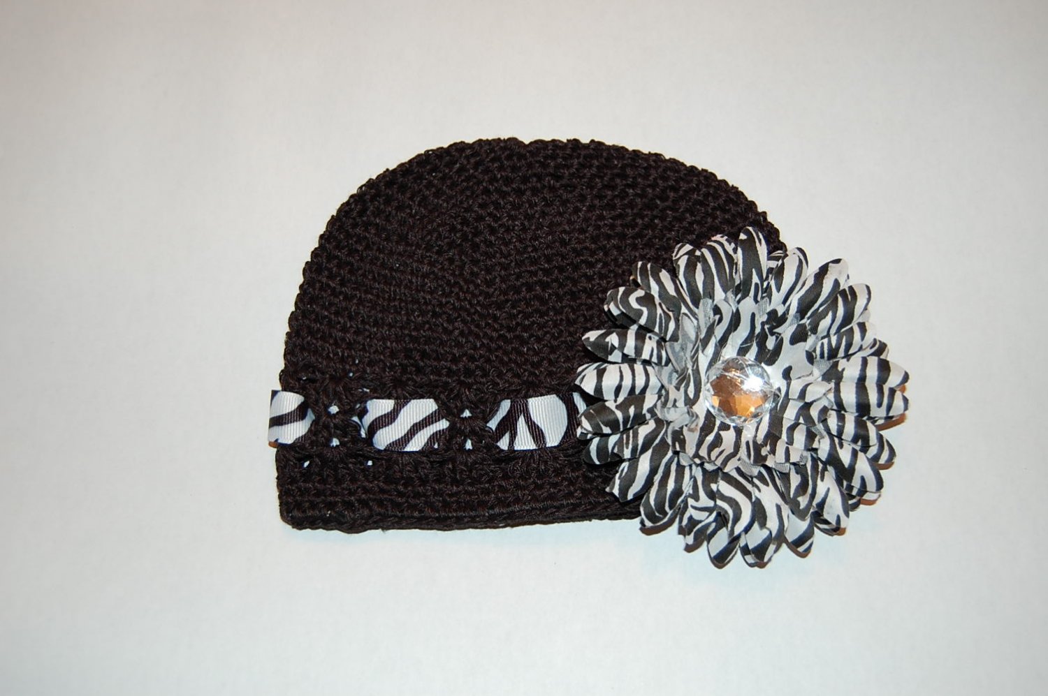 Crocheted Kufi Hat, Black, Zebra Ribbon Accent, Zebra Daisy . Sizes NB, SM, MED, LGE !