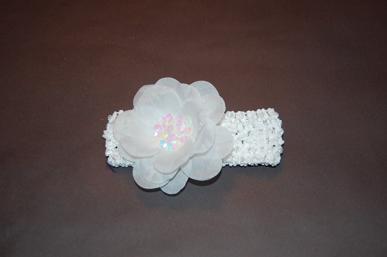 Sequined Flower, Crocheted Headband, White/White