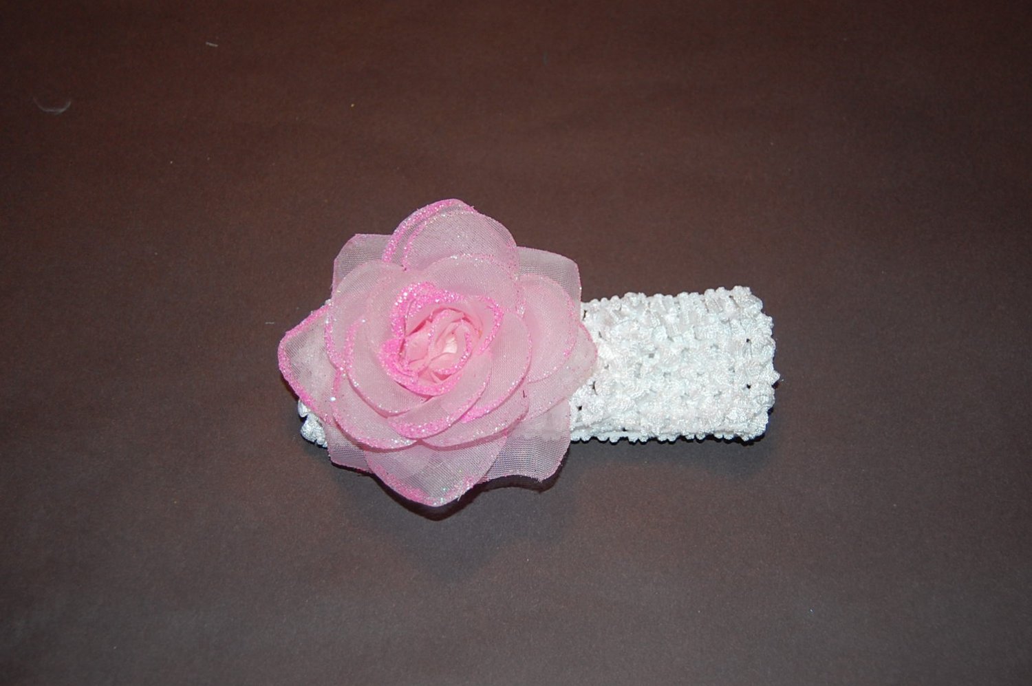 Glitter Rose, Crocheted Headband, Pink/White