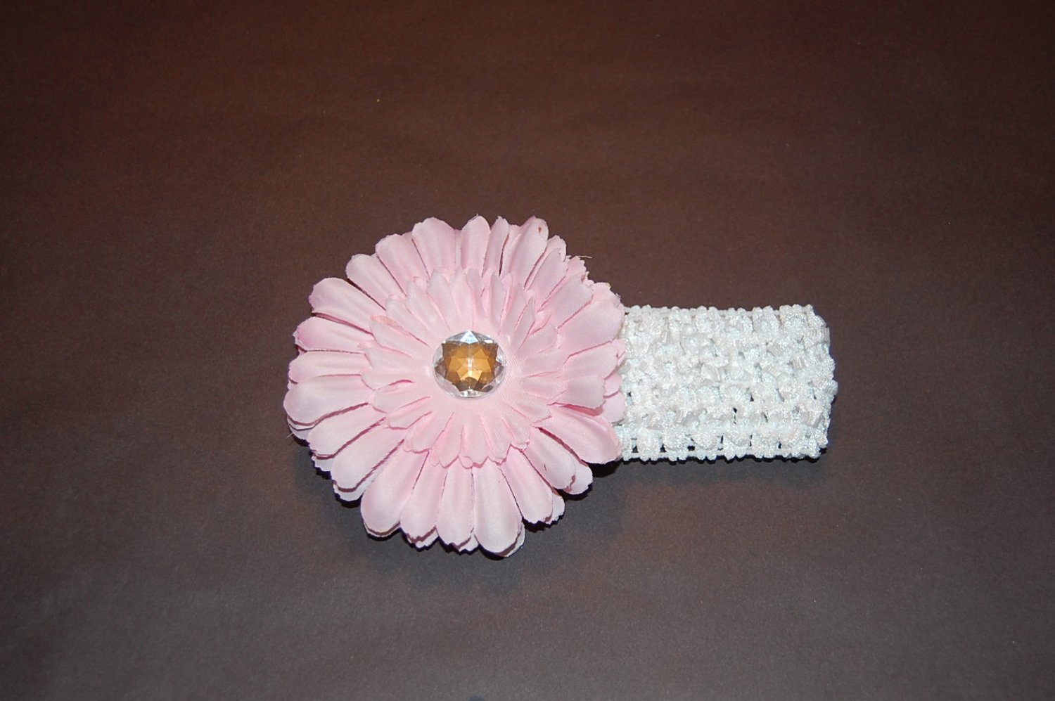 4" Flat Daisy, Crocheted Headband, Pink/White
