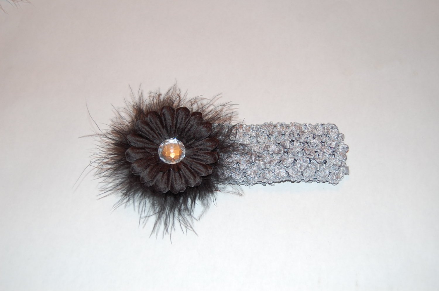 2" Daisy, Marabou, Crocheted Headband, Black/Silver