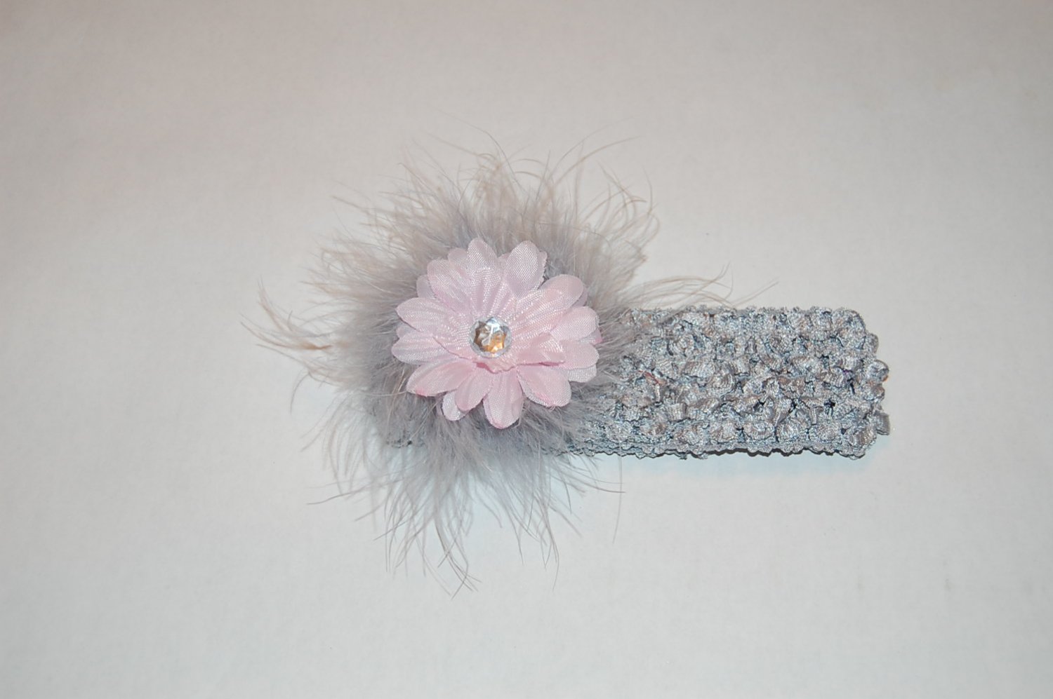 2" Daisy, Marabou, Crocheted Headband, Pink/Silver