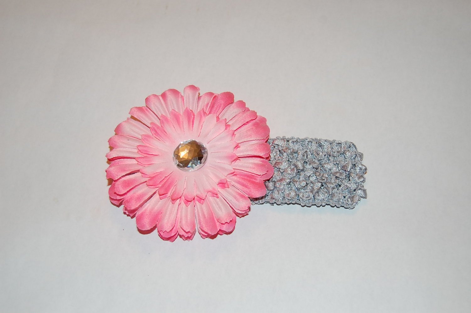 4" Flat Daisy, Crocheted Headband, Two Toned Pink/ Silver