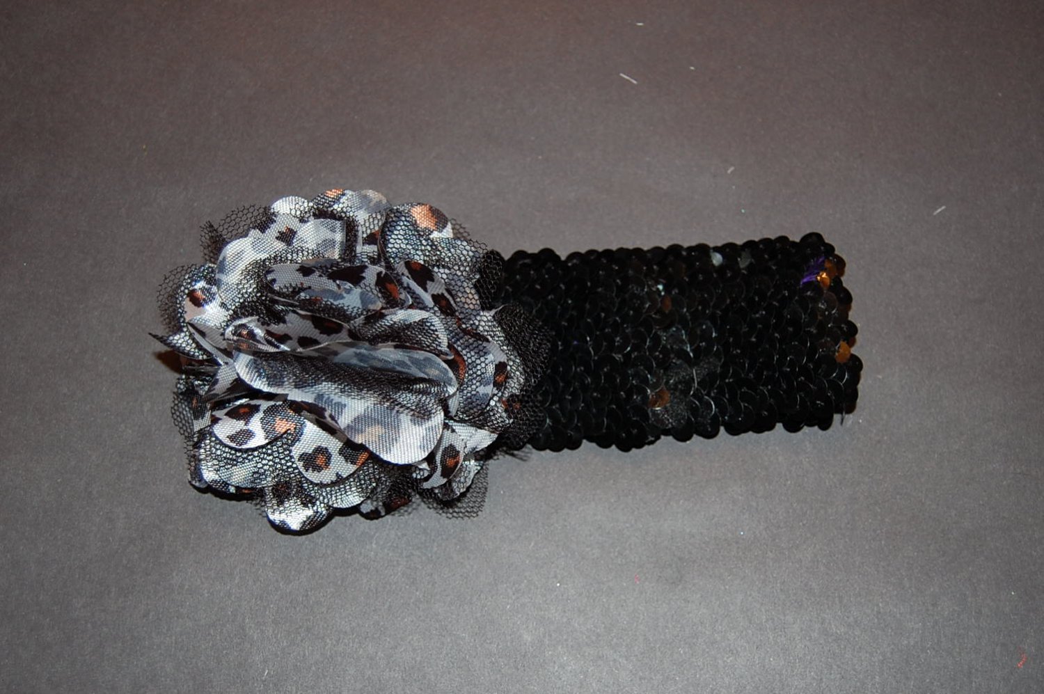 Satin Mesh Flower, 2" Sequin Headband, Leopard/Black