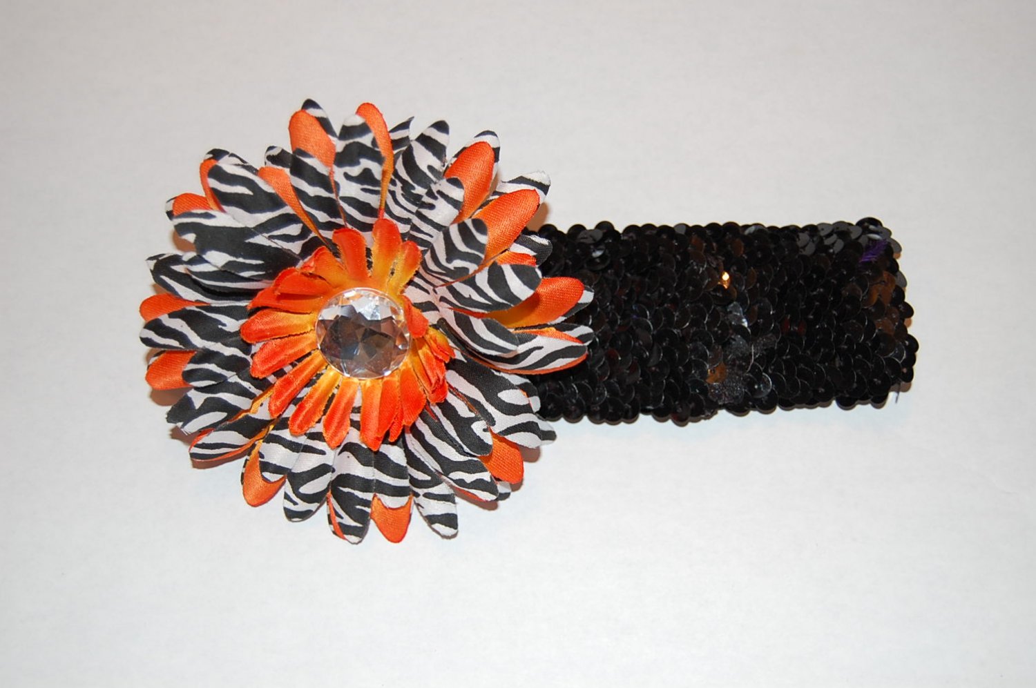 4" Layered Zebra Daisy, 2" Sequined Headband, Orange Zebra/Black