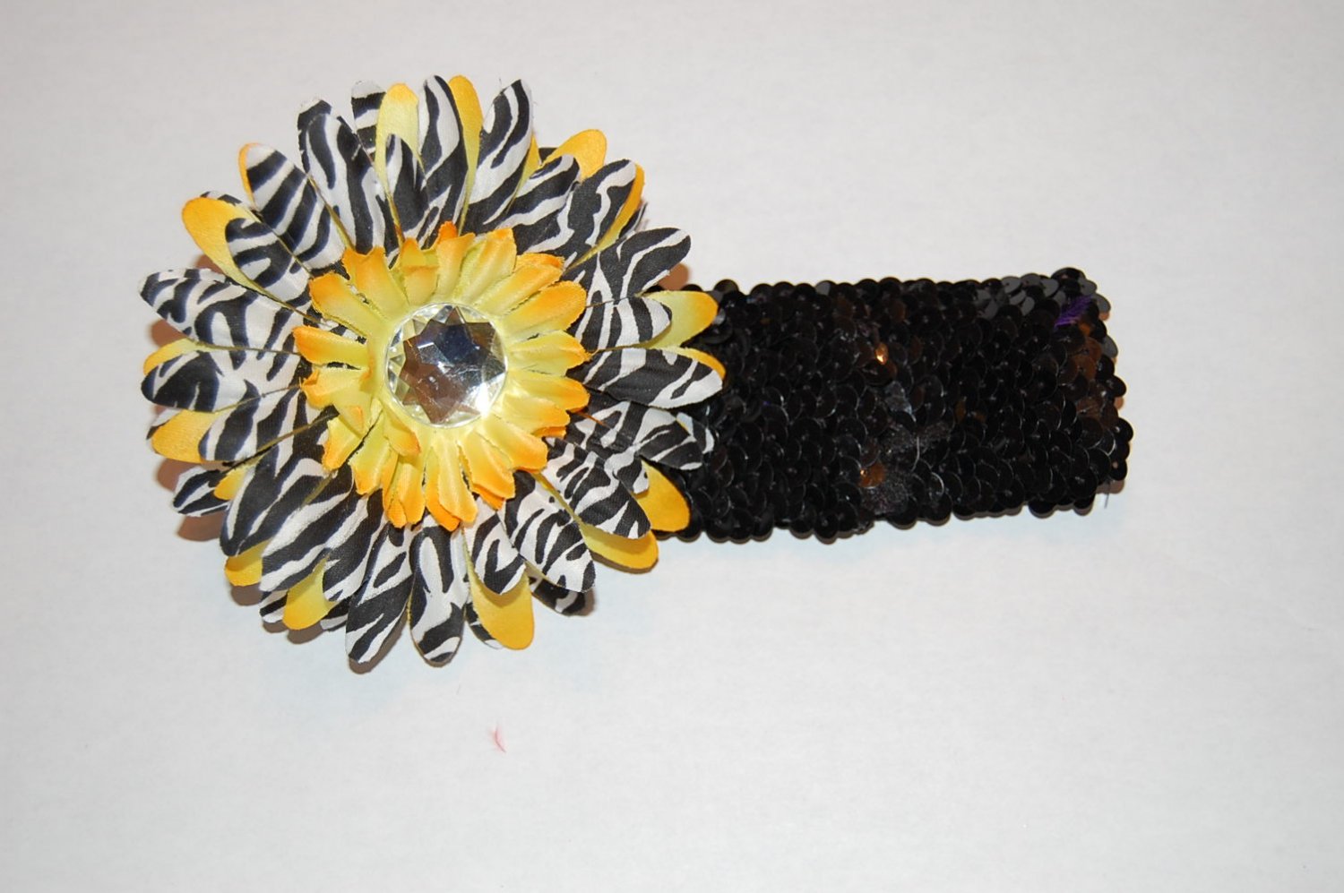 4" Layered Zebra Daisy, 2" Sequined Headband, Yellow Zebra/Black