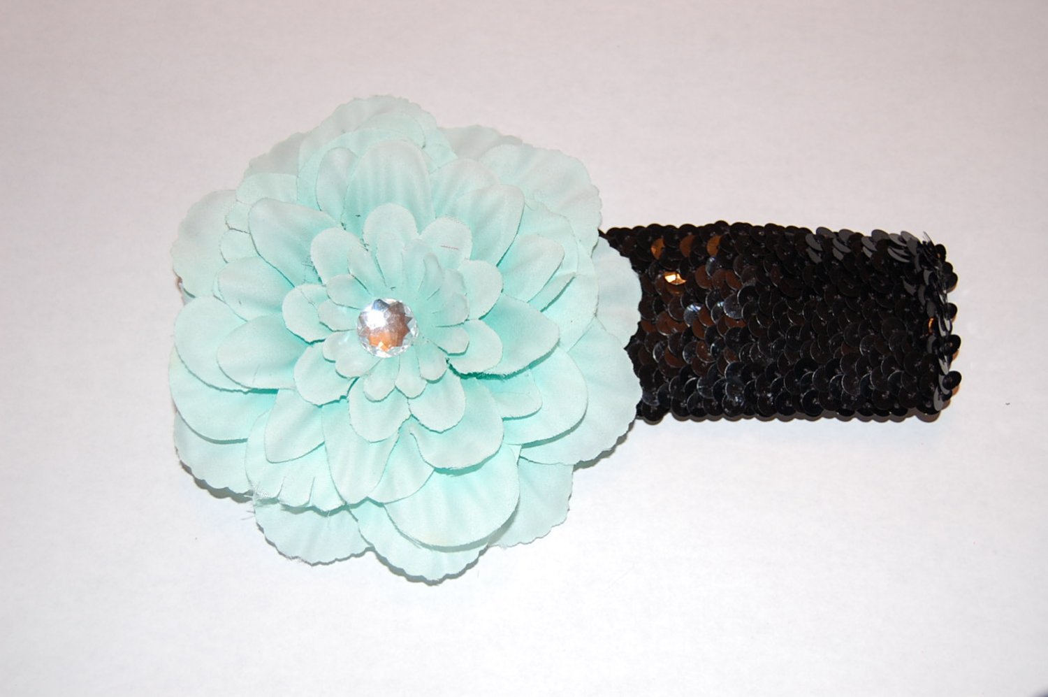 4" Peony, 2" Sequined Headband, Aqua/Black