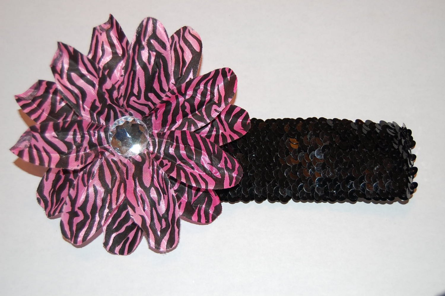 4"Layered Daisy, 2" Sequined Headband, Pink Zebra/Black