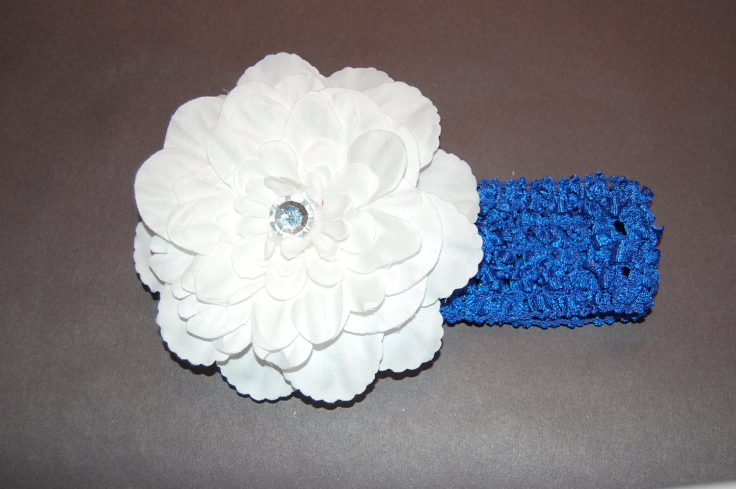 4" Peony, Crocheted Headband, White/ Royal Blue
