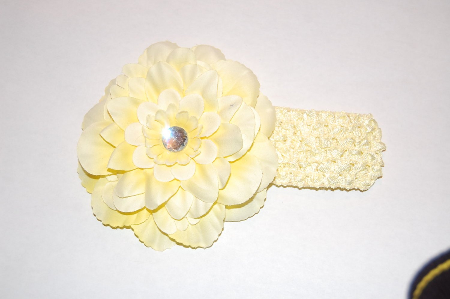 4" Peony, Crocheted Headband, Pale Yellow/ Pale Yellow