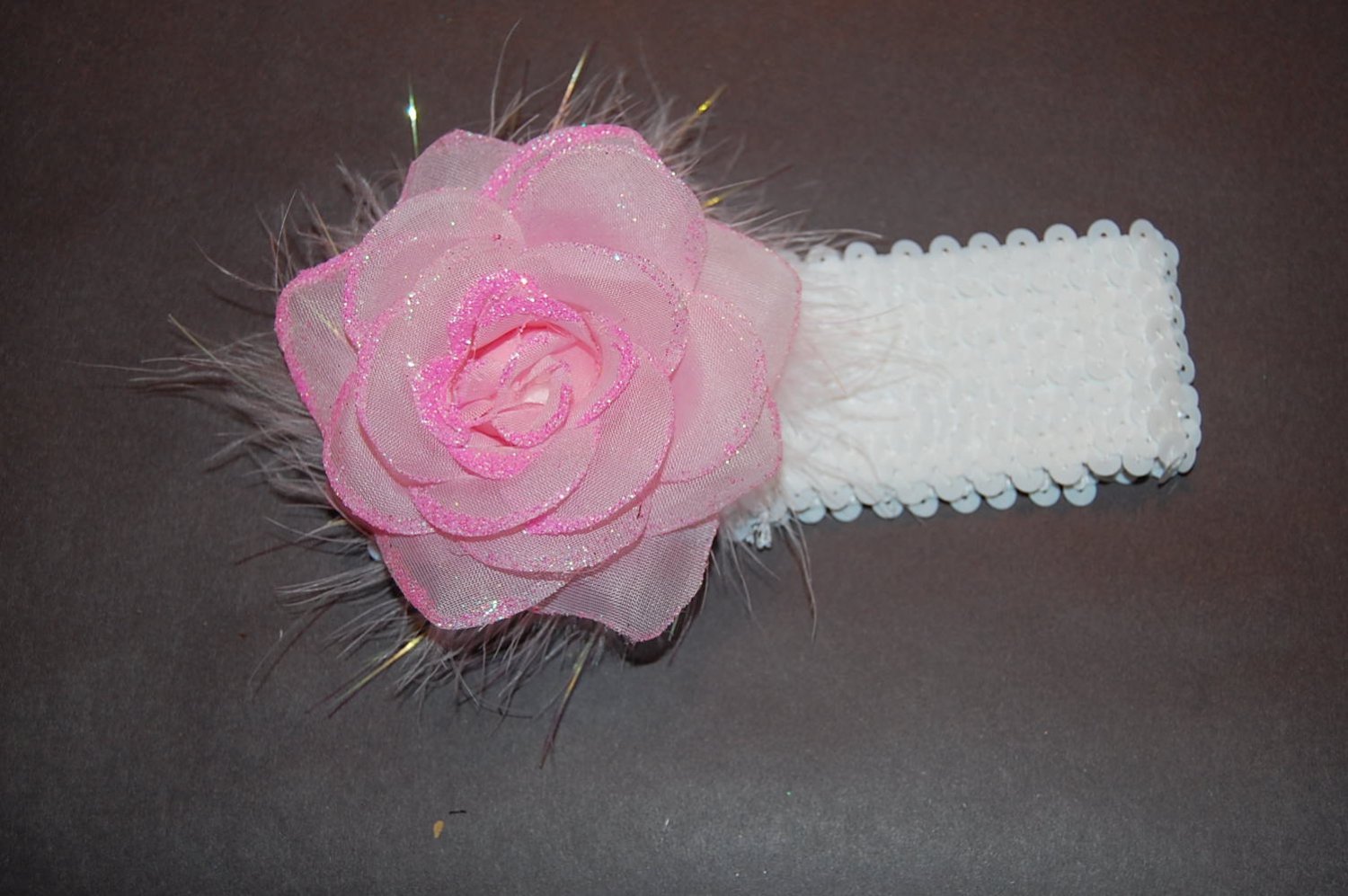 Glitter Rose, Marabou, 2" Sequined Headband, Pink/White