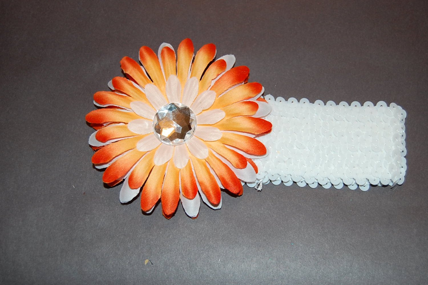 4" Sunshine Daisy, 2" Sequined Headband, Orange Mix/White