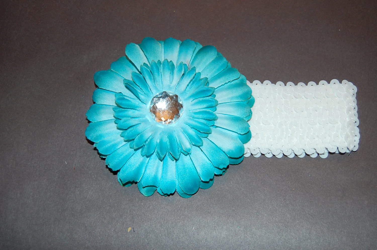 4" Flat Daisy, Sequined Headband, Turquoise/White/White