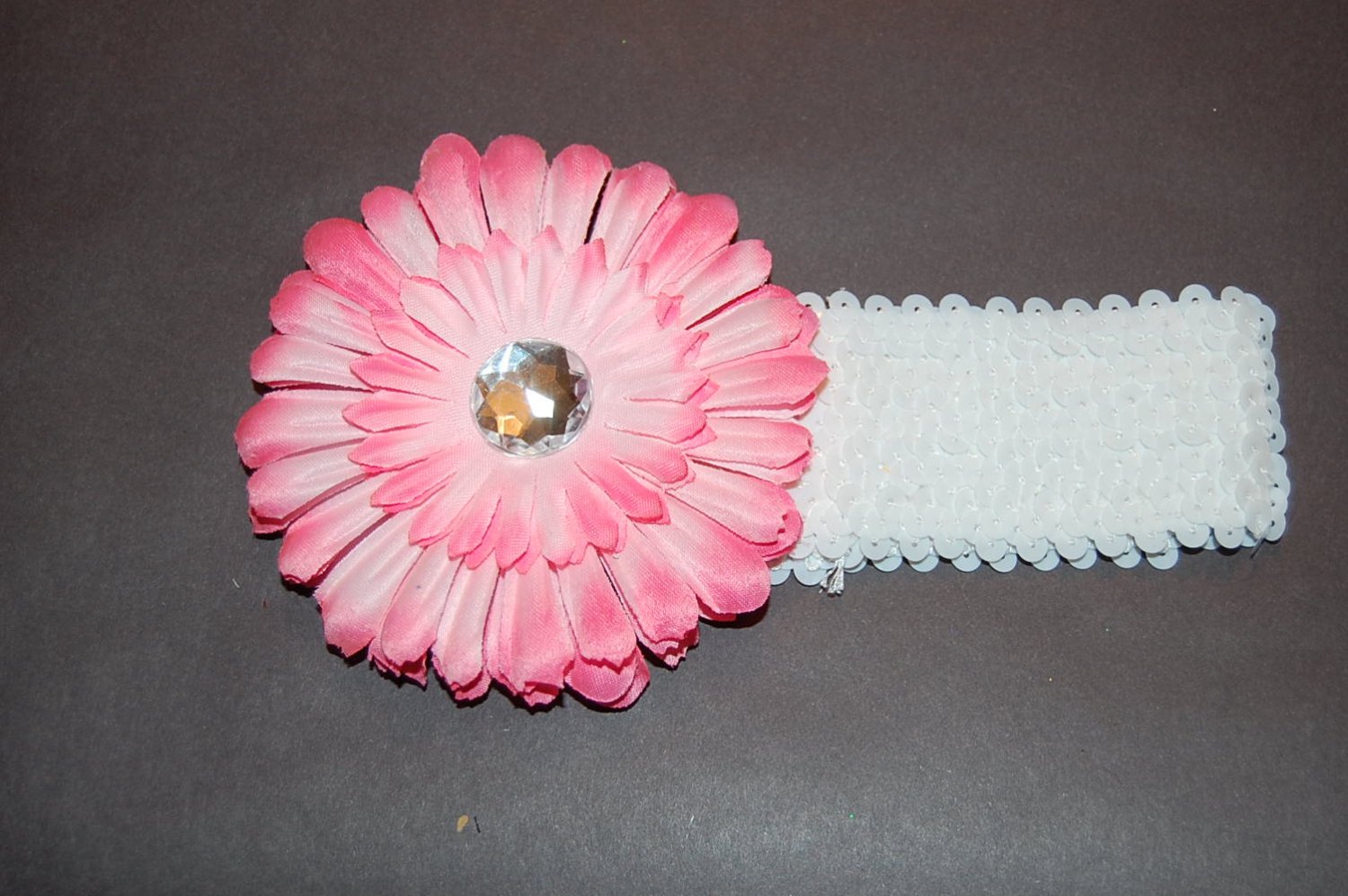 4" Flat Daisy, Sequined Headband, Pink/White/White