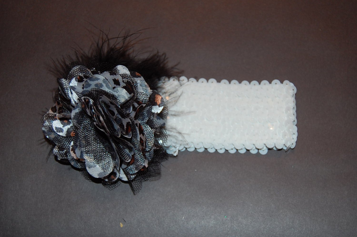 Satin Mesh Leopard, Marabou, 2 "Sequined Headband, Leopard/White