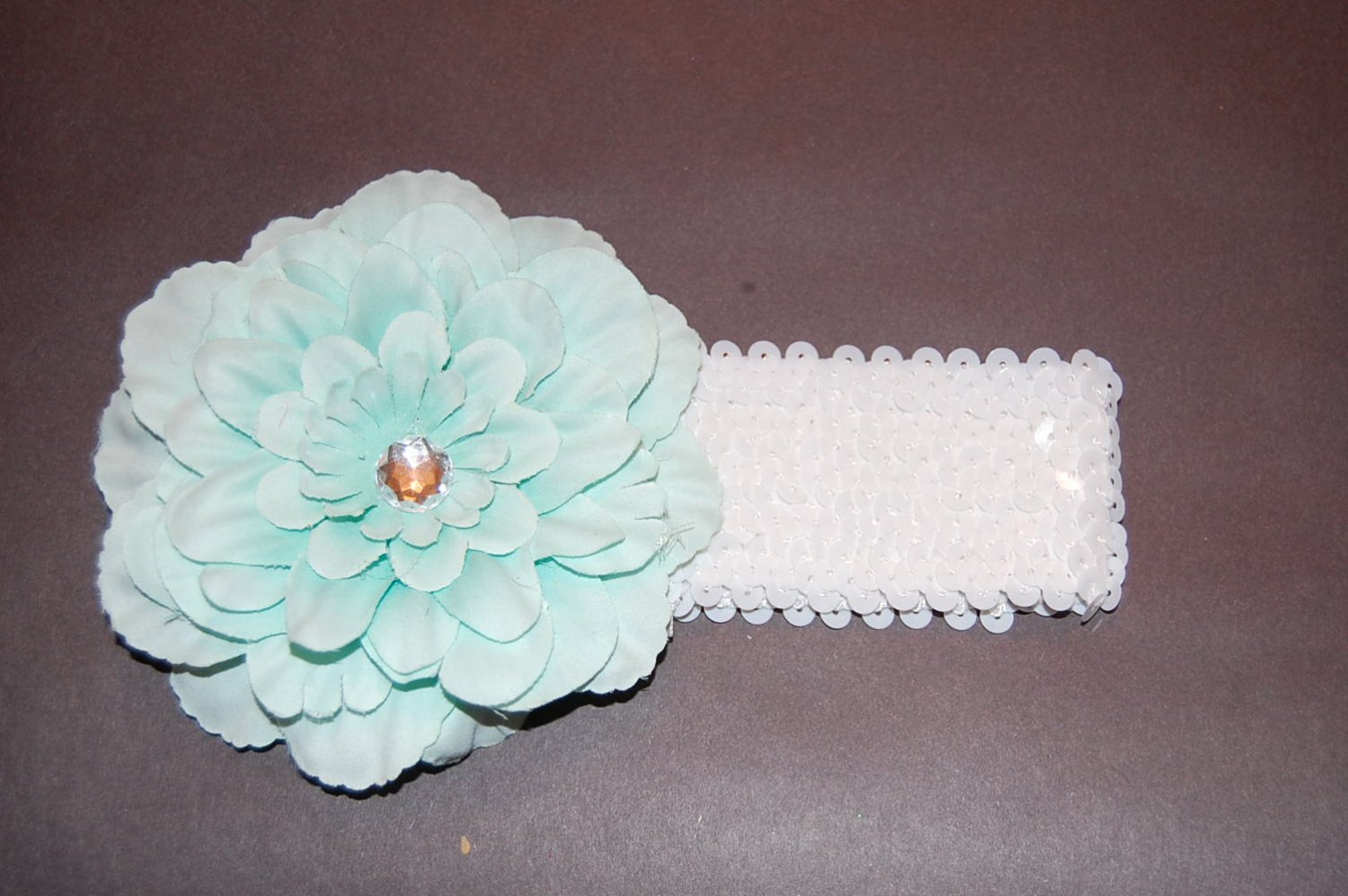 4" Peony, 2" Sequined Headband, Mint Green/White