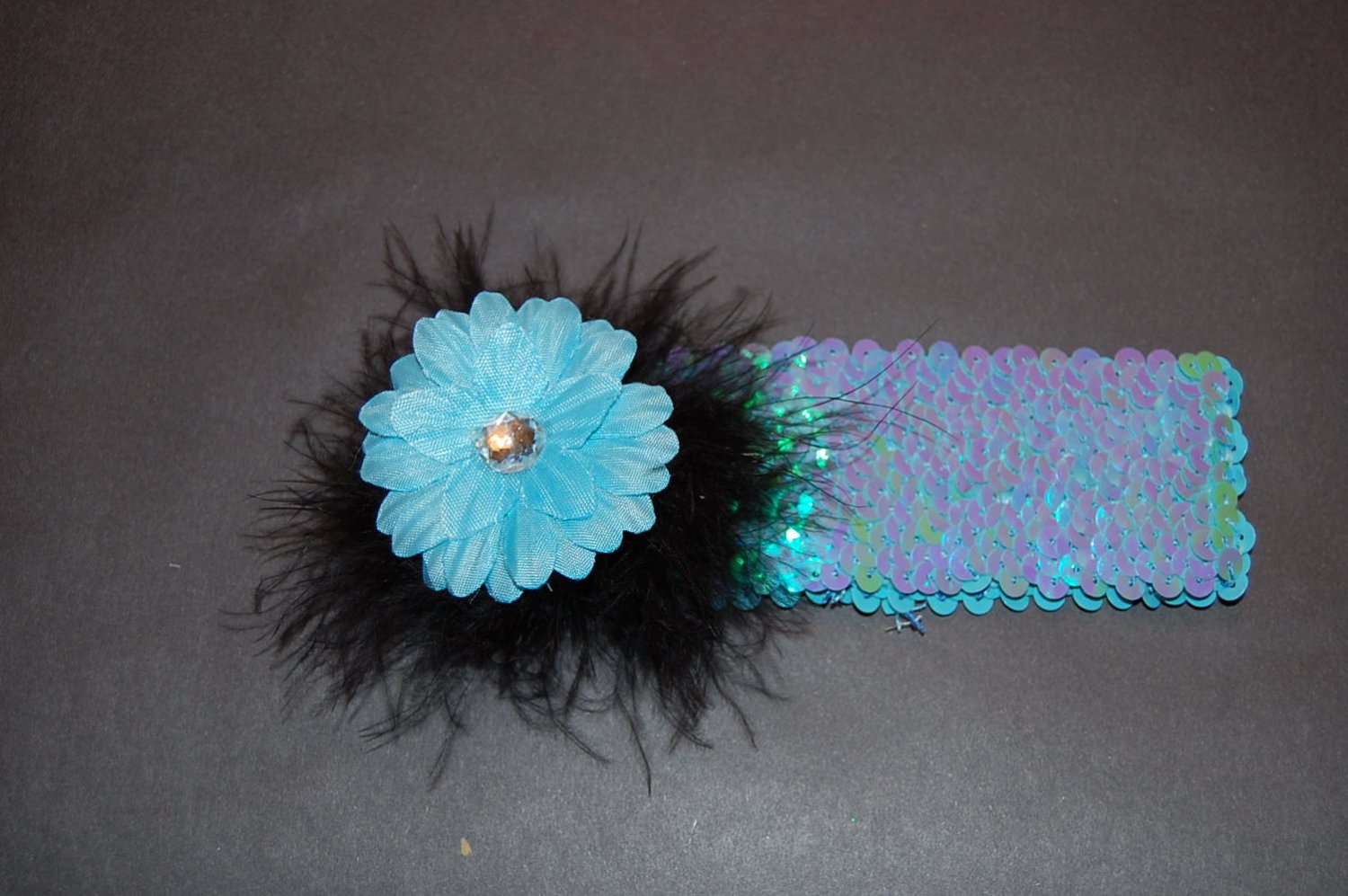2" Daisy, Marabou, 2" Sequined Headband, Blue/Black/Blue