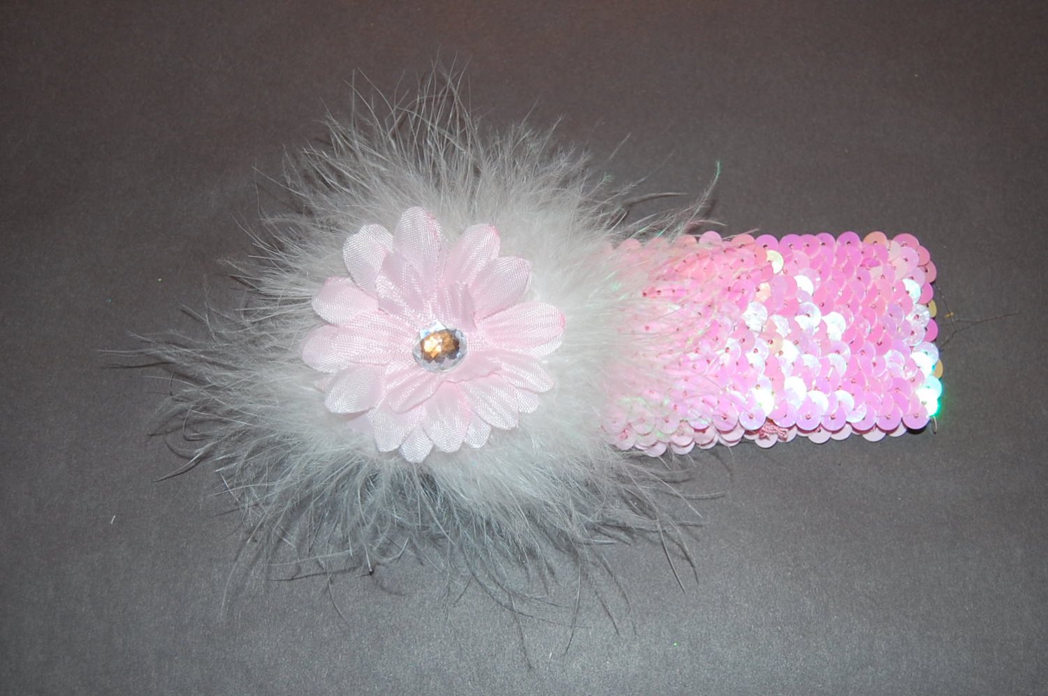 2" Daisy, Marabou, 2" Sequined Headband, Pink/Pink