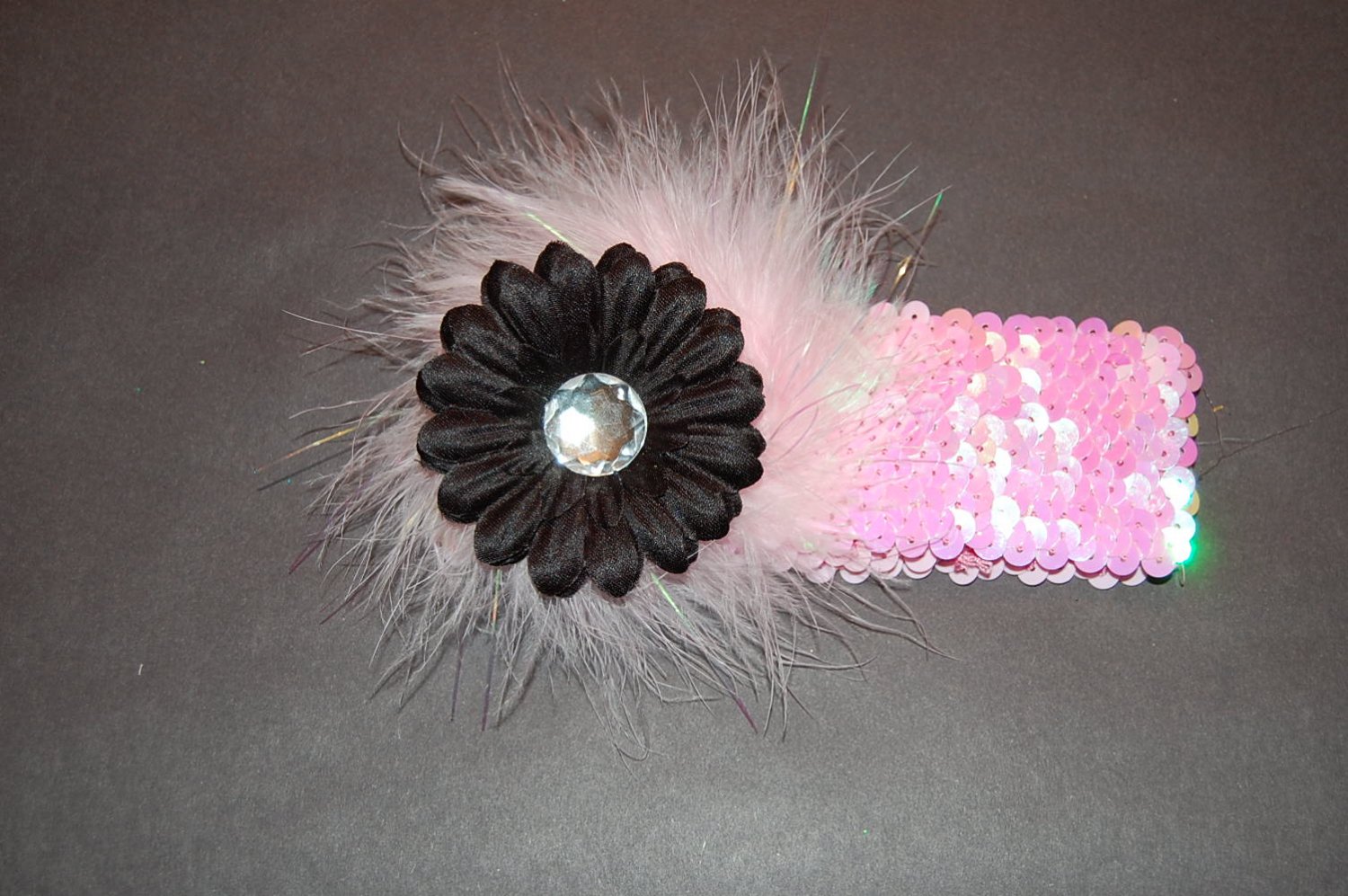 2" Flat Daisy, Marabou, 2" Sequined Headband, Black/Pink