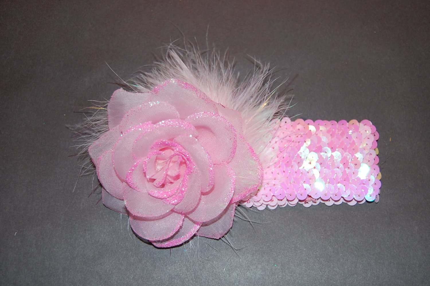 Glitter Rose, Marabou, 2" Sequined Headband. Pink/Pink