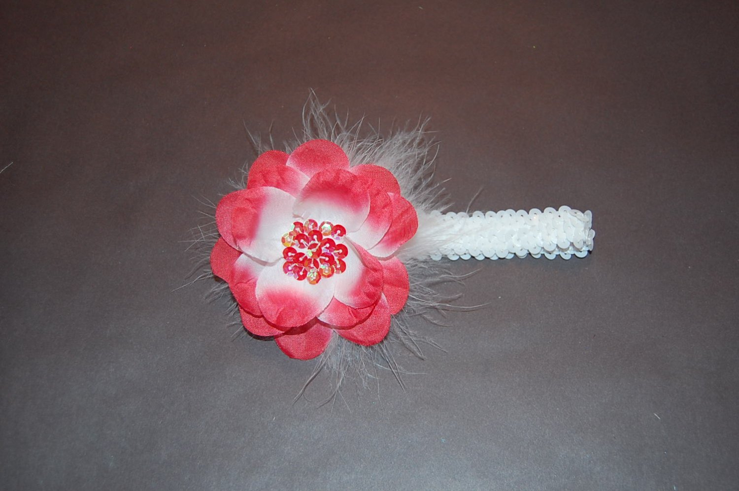 Sequin Flower, with White Marabou,1" Sequin Headband, Pink/White