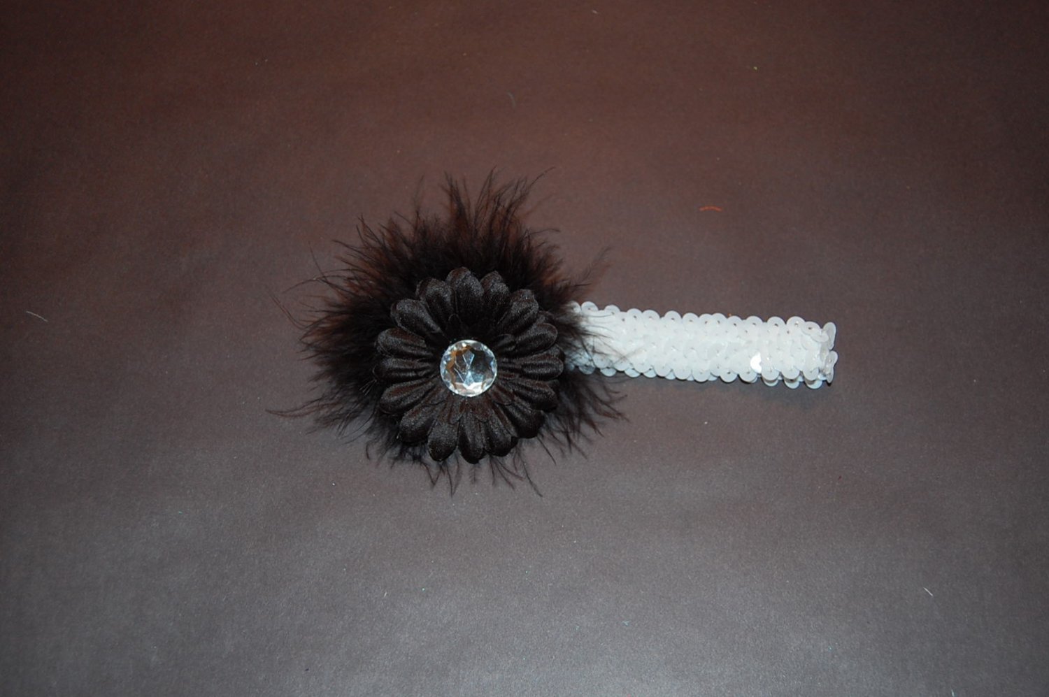 2" Flat Daisy, with Black Marabou,1" Sequin Headband, Black/white