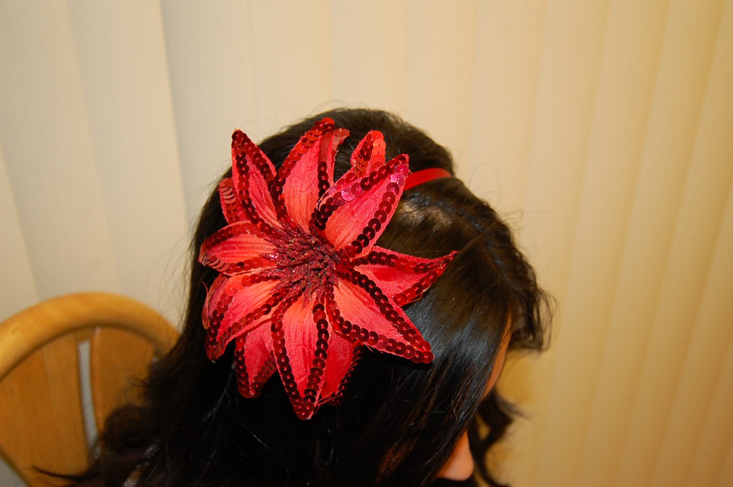 Hard Headband, Satin Finish, Sequin Fire Flower, Red/ Red