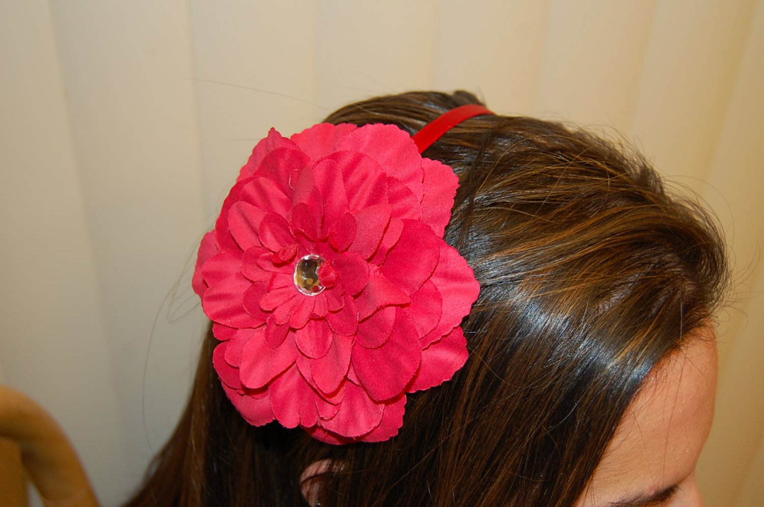 Hard Headband, Satin Finish, 4" Peony, Red/Red